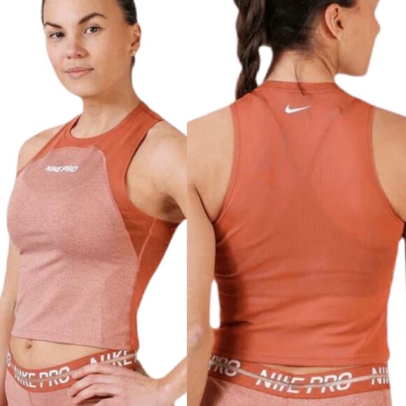New Nike Pro Cropped Mesh Back Sleeveless Tee Clay Red Brown Size Medium - Picture 1 of 11
